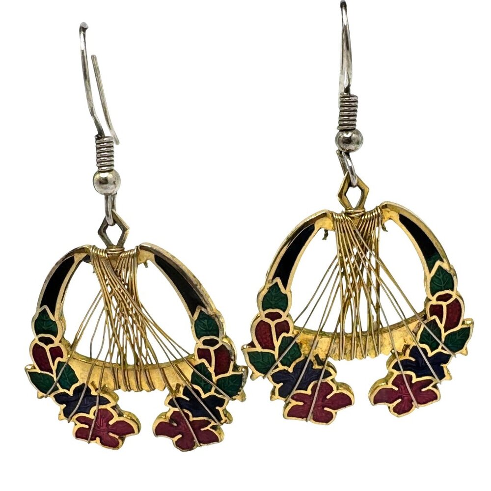 Vintage Cloisonne Gold Tone Floral Wreath Wired Pendant Earrings 2" X 1.25"